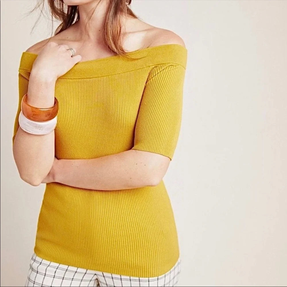 🌟NEW Anthropologie Mustard Yellow Ribbed Off The Shoulder Top Size Small - Picture 8 of 8